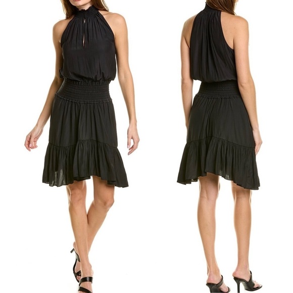 NWT ALC Size 0 Cody Solid Black A-line Dress Smocked Halter Sharkbite Hem $525